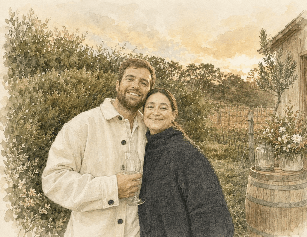 A painted portrait of the couple in the valley